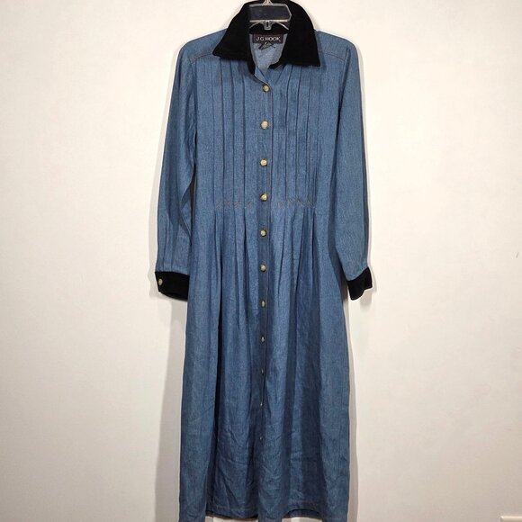 Vintage JG Hook Dress Medium Blue Denim Shirtdress Pintuck Maxi Prairie Cottage - Picture 2 of 7